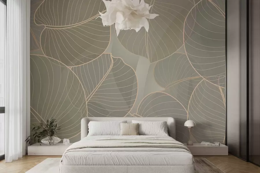 zidne murale linearno lišće kolovoškog ljiljana u bež tonovima w02768