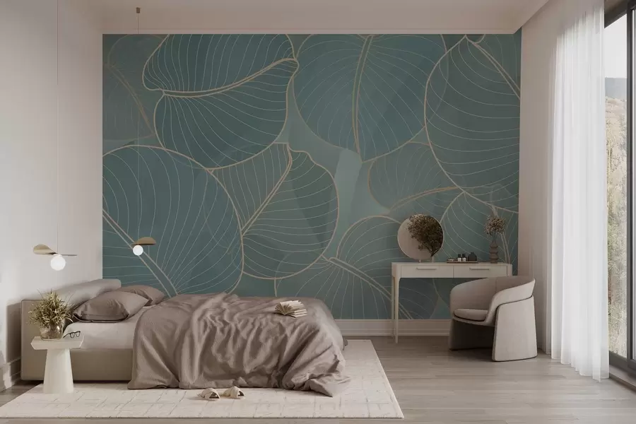 zidne murale linearno lišće kolovoškog ljiljana u tirkiznim tonovima w02768v1