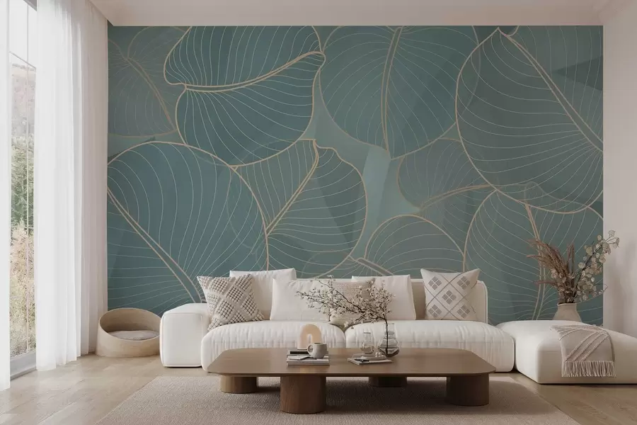 zidne murale linearno lišće kolovoškog ljiljana u tirkiznim tonovima w02768v1