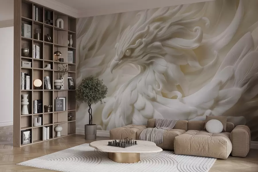 zidne murale Ptica s dugim perjem u stilu štukature u bež tonovima w08629