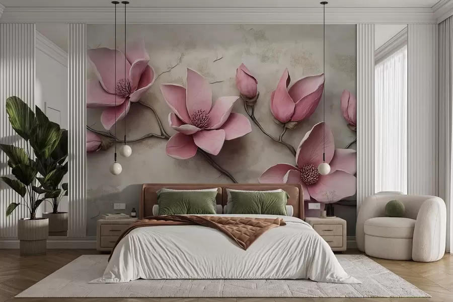 zidne murale Ružičaste magnolije u stilu štukature w08635