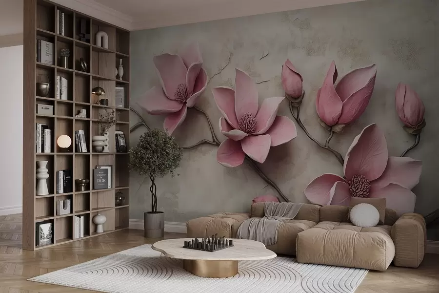zidne murale Ružičaste magnolije u stilu štukature w08635