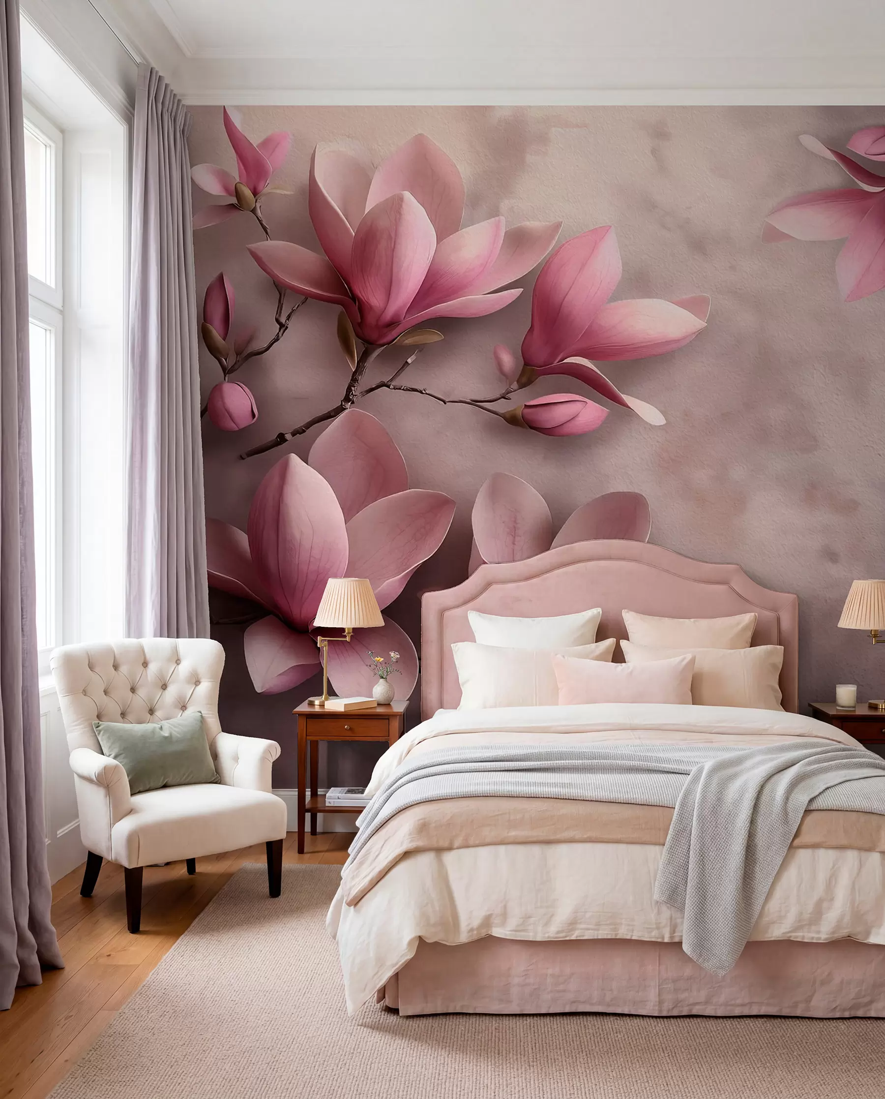 zidne murale Nježne ružičaste magnolije na betonskom zidu w08636