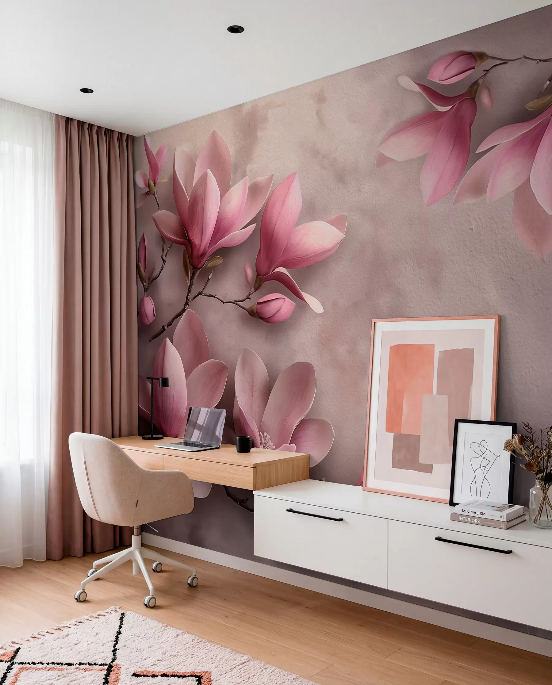 zidne murale Nježne ružičaste magnolije na betonskom zidu w08636