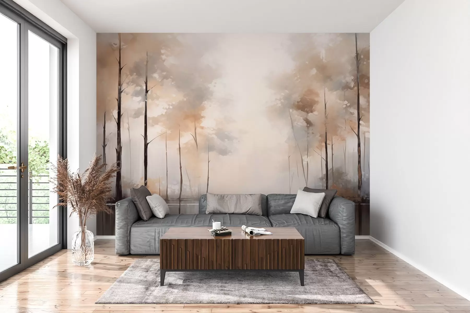 zidne murale Maglovita šuma kraj ribnjaka w02758