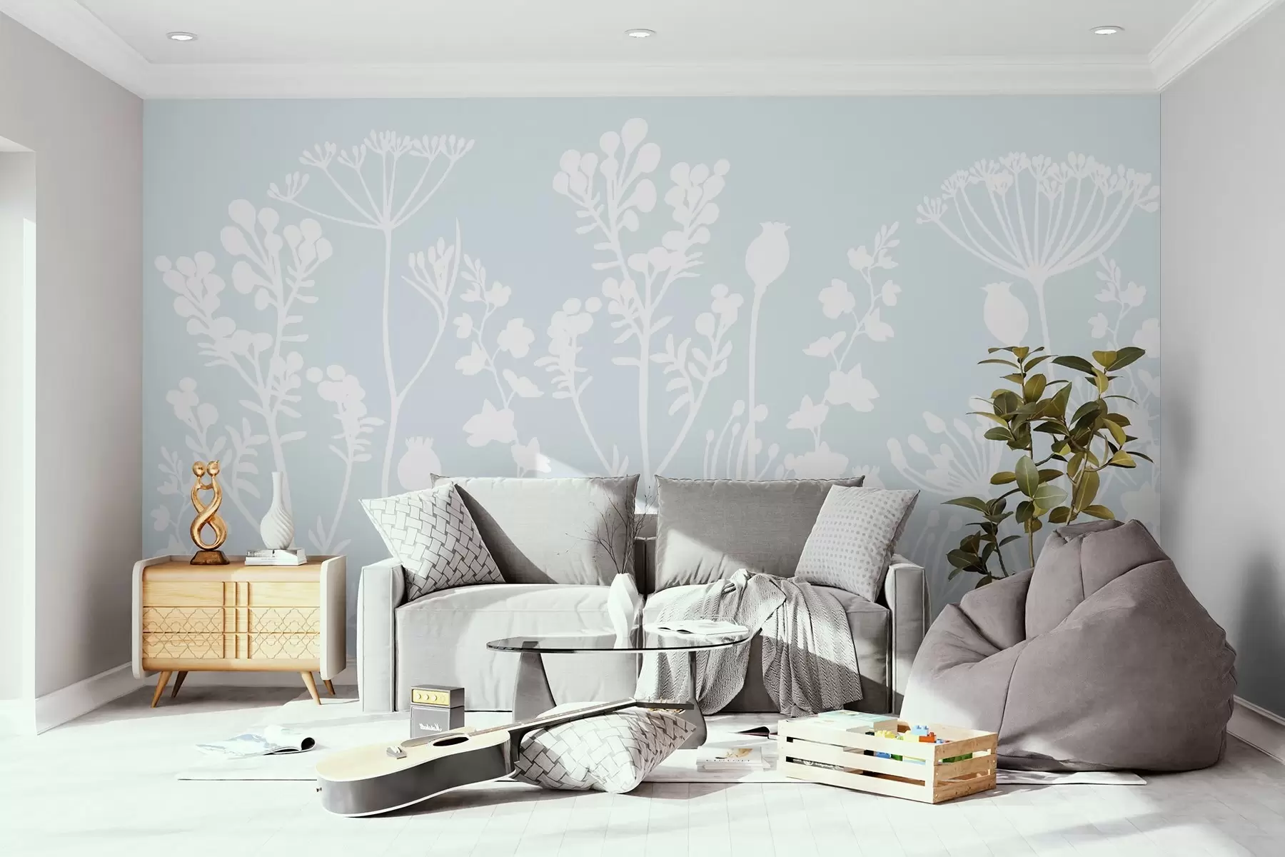 zidne murale bijele siluete cvijeća na plavoj pozadini w02809v1