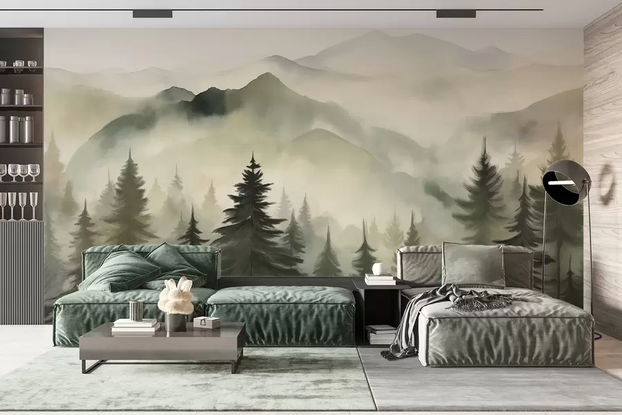 zidne murale Planinski krajolik s borovom šumom i slojevitim planinama tijekom svitanja sa svijetlom maglom imitacijom akvarela  w08639