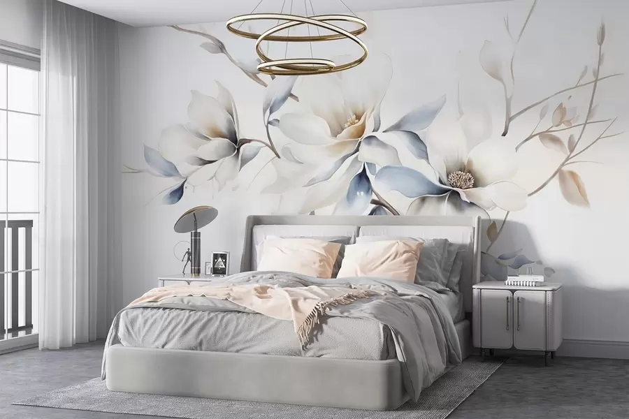 zidne murale Nježni bijeli cvjetovi magnolije s nježno plavim laticama na svijetloj pozadini imitacija minimalizma akvarela  w08644