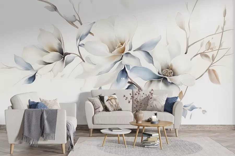 zidne murale Nježni bijeli cvjetovi magnolije s nježno plavim laticama na svijetloj pozadini imitacija minimalizma akvarela  w08644