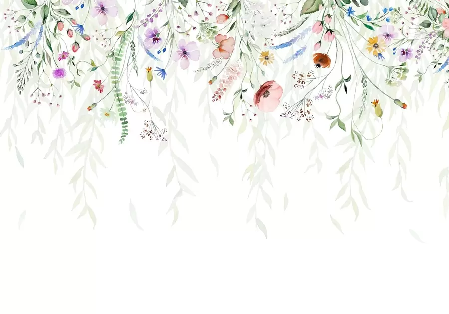 zidne murale Šareni cvjetni print koji se spušta niz razne cvjetove, lišće i biljke u stilu akvarela   w08646