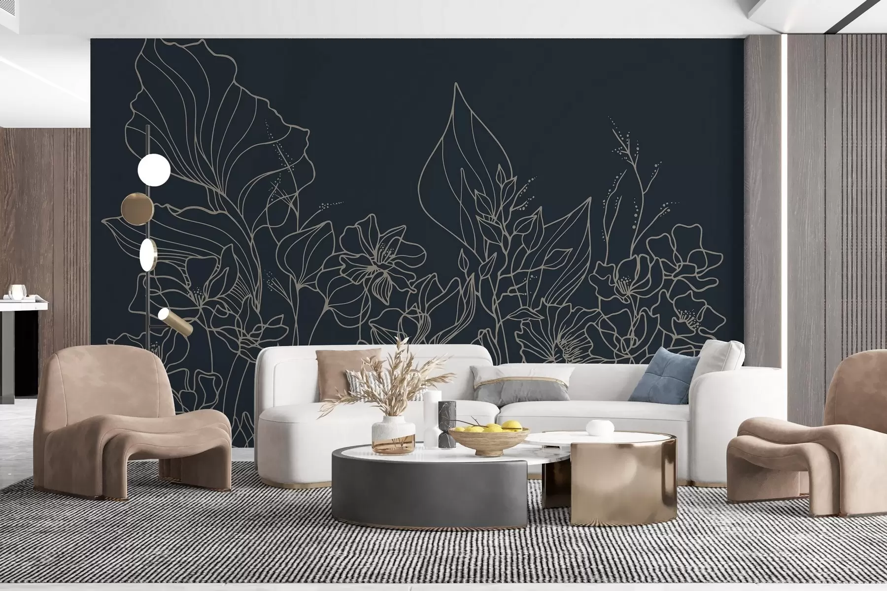 zidne murale Elegantna cvjetna crta na mornarsko plavoj boji w02773v2