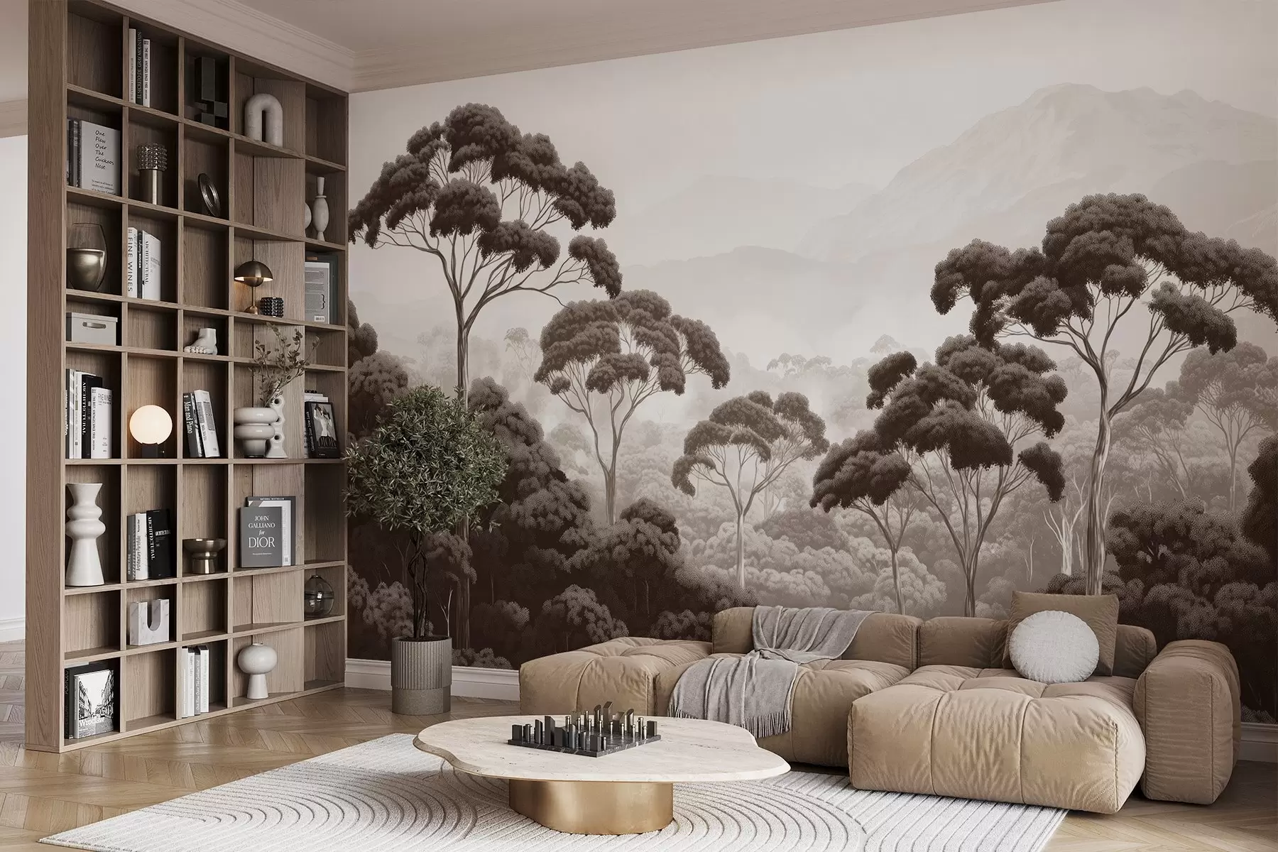 zidne murale Šuma u džungli, planine, tropsko, priroda, veliko drveće, smeđe boje w02739v2