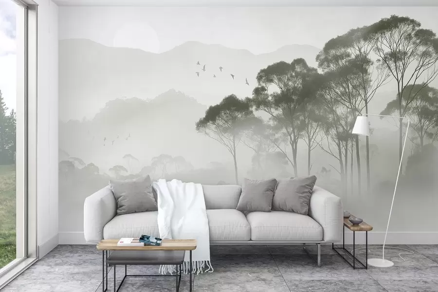 zidne murale Drveće u magli, prirodni pejzaži, ptice, sunce, zelene boje w02740
