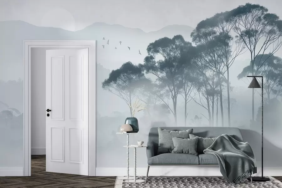 zidne murale Drveće u magli, prirodni pejzaži, ptice, sunce, plave boje w02740v1