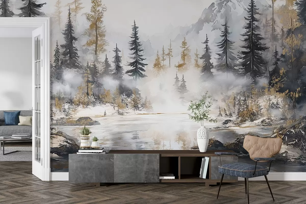 zidne murale Zimski krajolik s jezerom i šumom, planinama, darwing u pastelnom stilu w02741