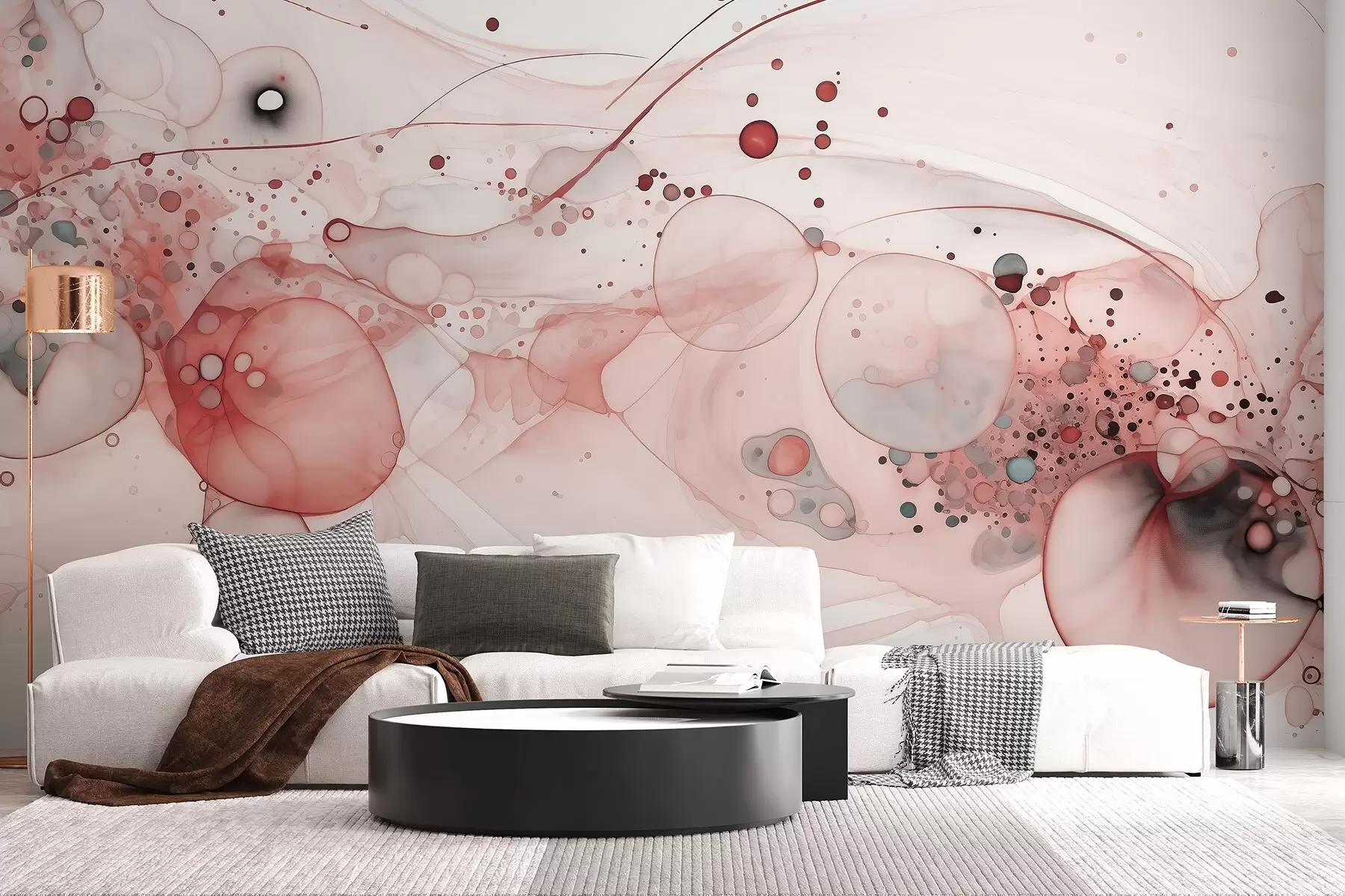 zidne murale Apstraktna umjetnost tušem, fluidan stil, paleta ružičaste boje  w02744v1