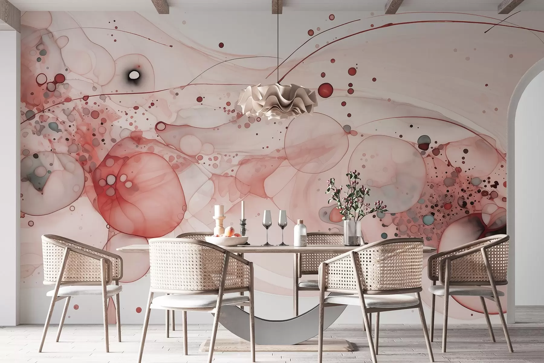 zidne murale Apstraktna umjetnost tušem, fluidan stil, paleta ružičaste boje  w02744v1