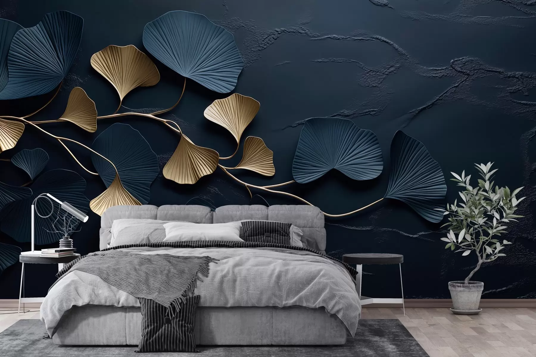 zidne murale Volumetrijska grana s lišćem na betonskom zidu w02841