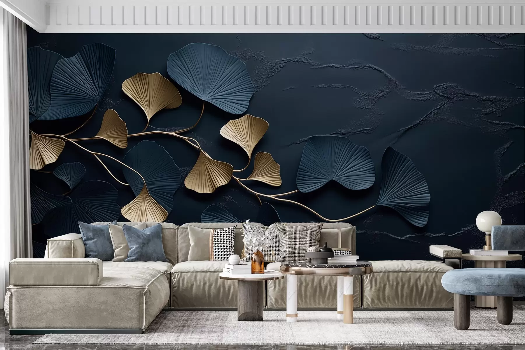 zidne murale Volumetrijska grana s lišćem na betonskom zidu w02841