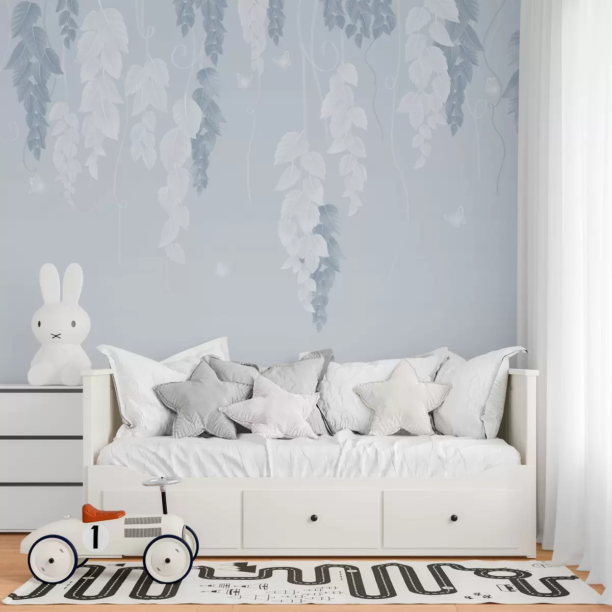 zidne murale Viseće lišće i leptiri u plavoj boji w02655v1