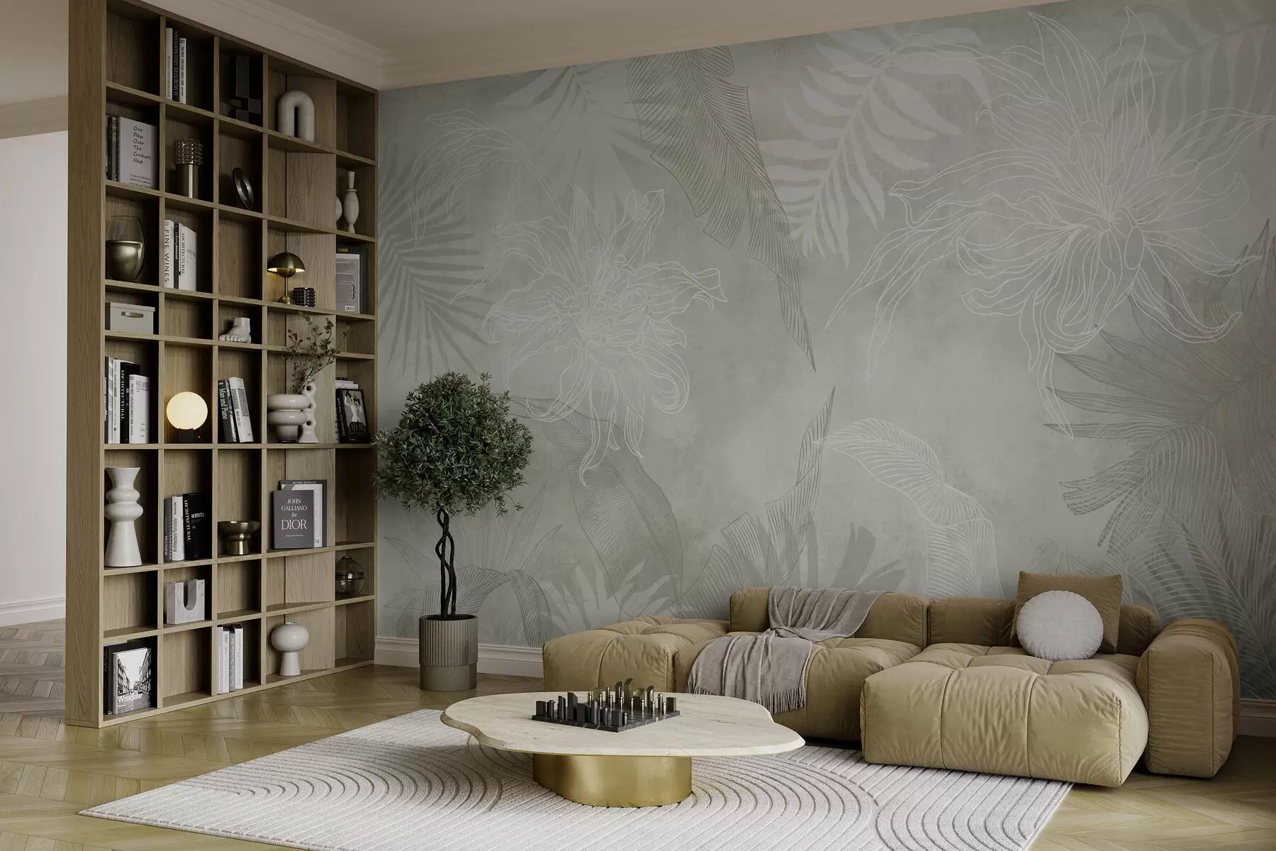 zidne murale Grunge efekt tropskog lišća sa zelenom nijansom w02737v2