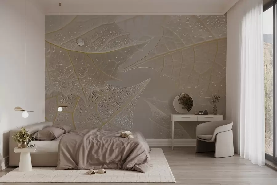 zidne murale Krupni plan lišća s venama i kapljicama rose u bež tonovima w02872