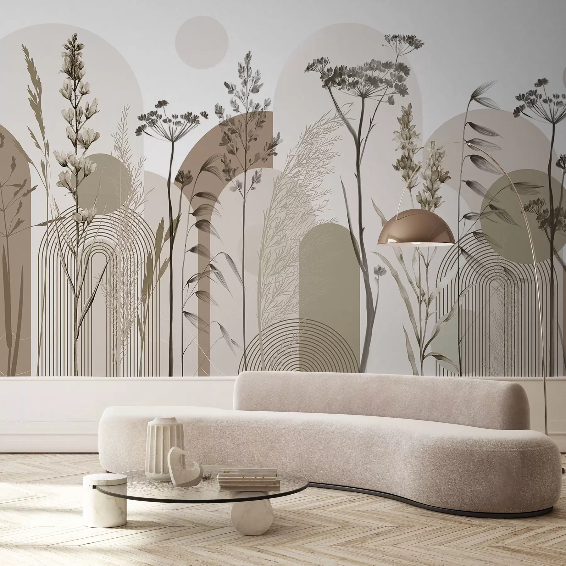 zidne murale Zbirka biljaka i cvijeća u neutralnim tonovima na pozadini apstraktnog luka u nježnim bež i smeđim nijansama w08665
