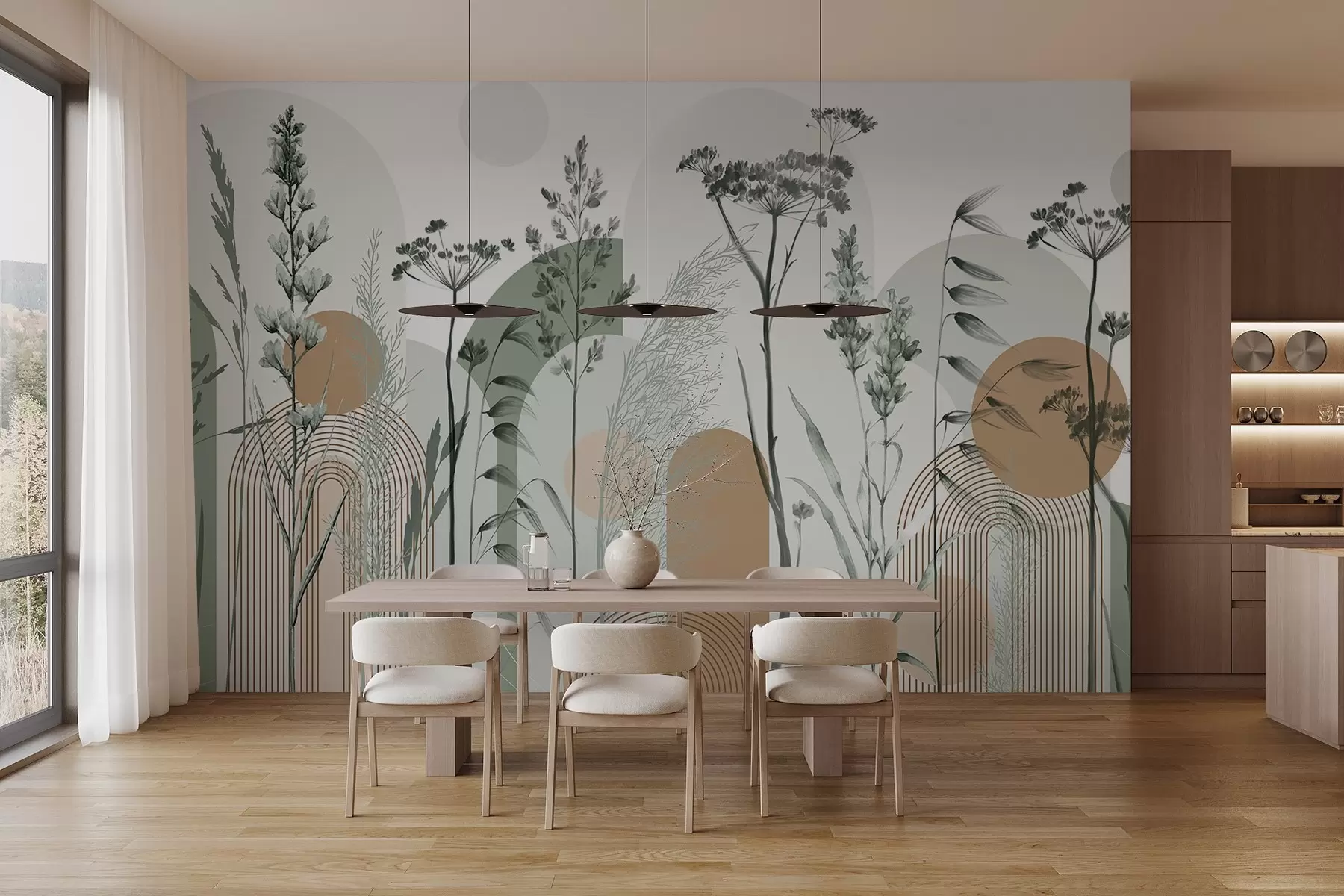 zidne murale Zbirka biljaka i cvijeća u neutralnim tonovima na pozadini apstraktnog luka u nježnim bež i smeđim nijansama w08665