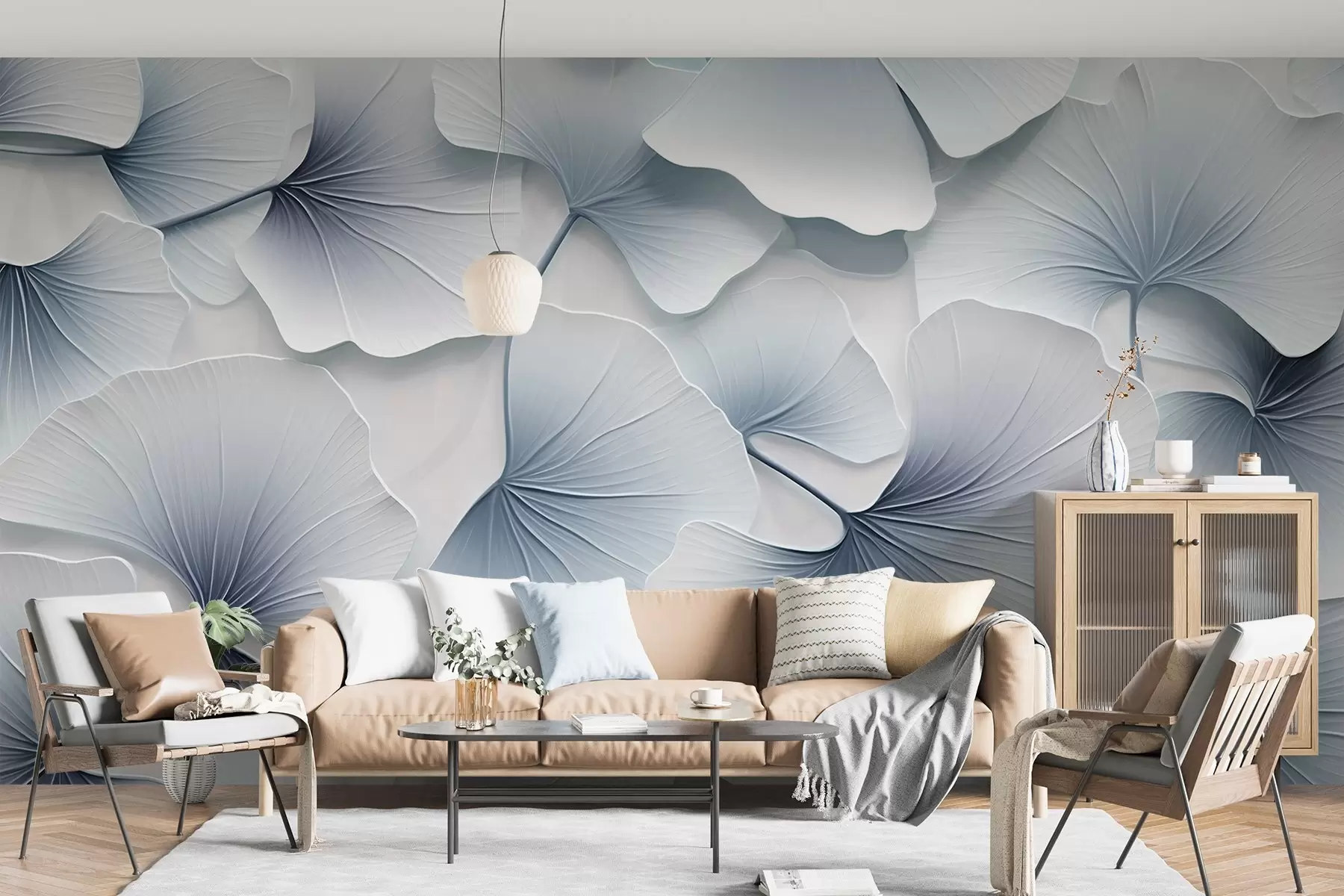 zidne murale Svijetloplavi listovi ginka s mekim preljevima i nježnim venama, koji se međusobno preklapaju  w08666