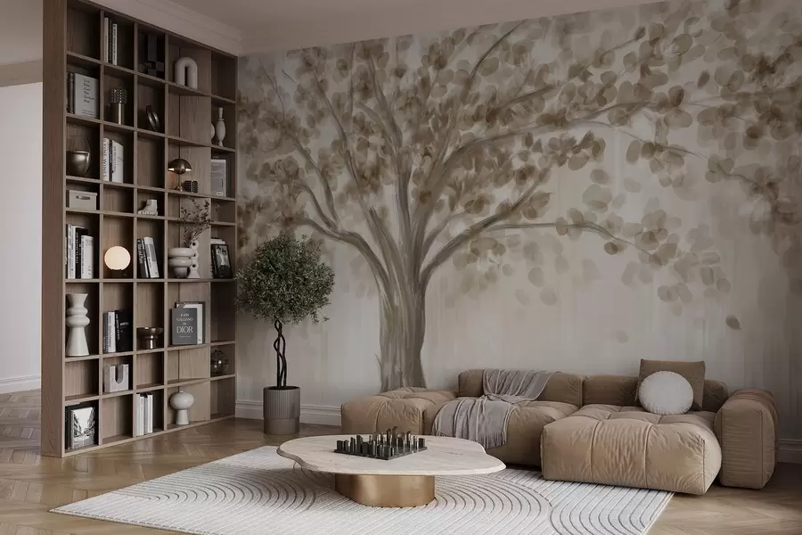 zidne murale Veliko stablo s mekim, apstraktnim lišćem u bež boji na svijetloj, neutralnoj pozadini koja naglašava tonove stabla  w08669