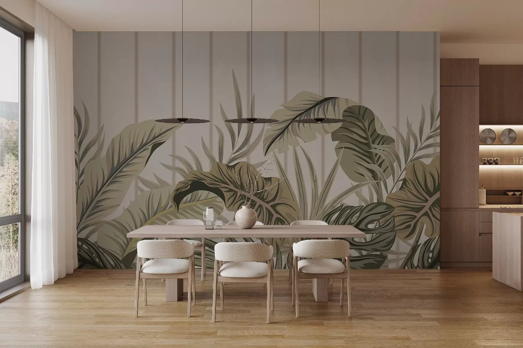 zidne murale Uzorak tropskog lišća u prigušenim zelenim i bež tonovima na svijetloj pozadini s okomitim linijama w08683