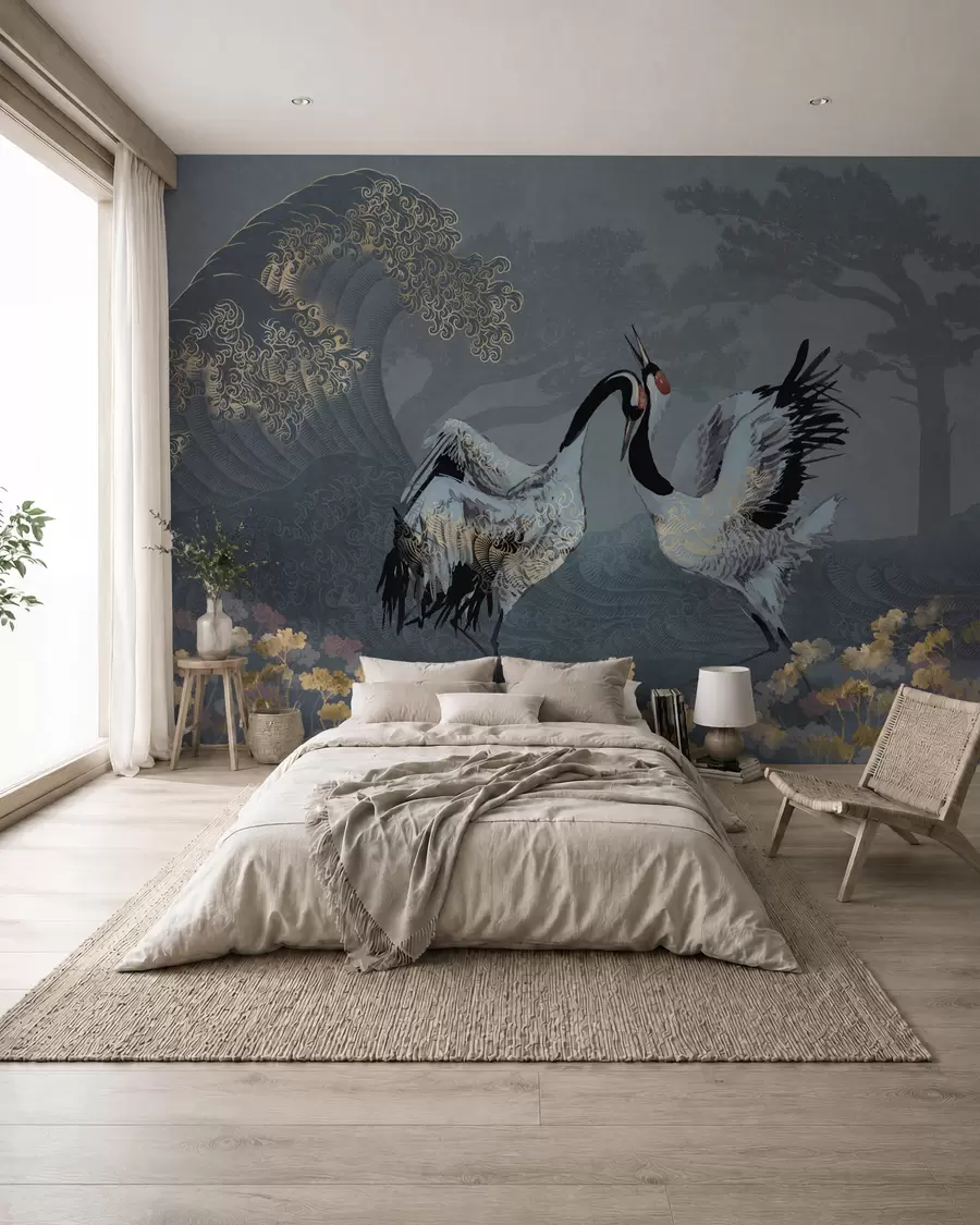 zidne murale Dizalice, drveće i valovi s elementima kineskog stila w02747