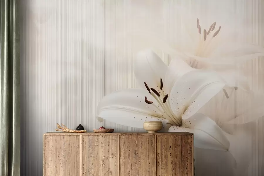 zidne murale Nježni bež ljiljani na pozadini okomitih pruga w08676