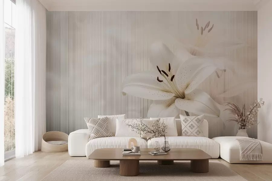 zidne murale Nježni bež ljiljani na pozadini okomitih pruga w08676
