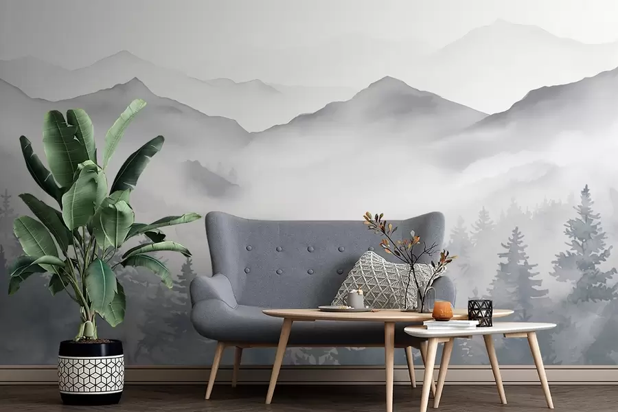 zidne murale Miran planinski krajolik s maglovitim šumama u nježnim sivim i plavim tonovima w08680