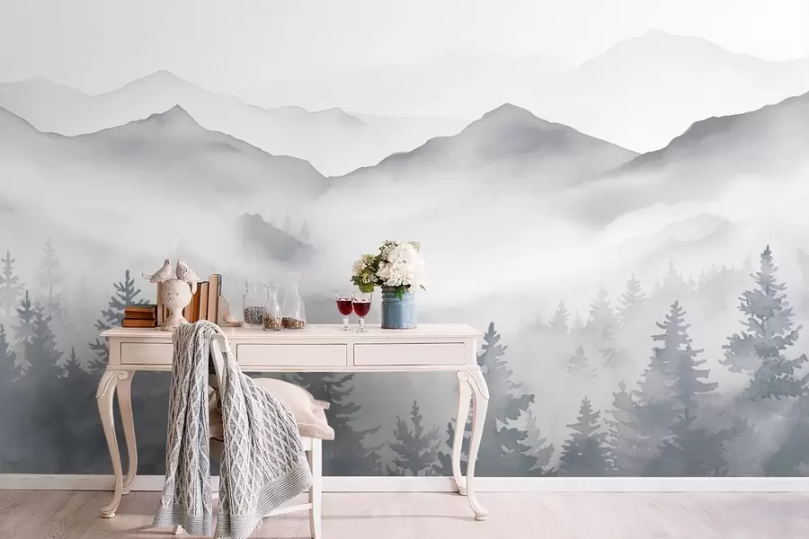 zidne murale Miran planinski krajolik s maglovitim šumama u nježnim sivim i plavim tonovima w08680