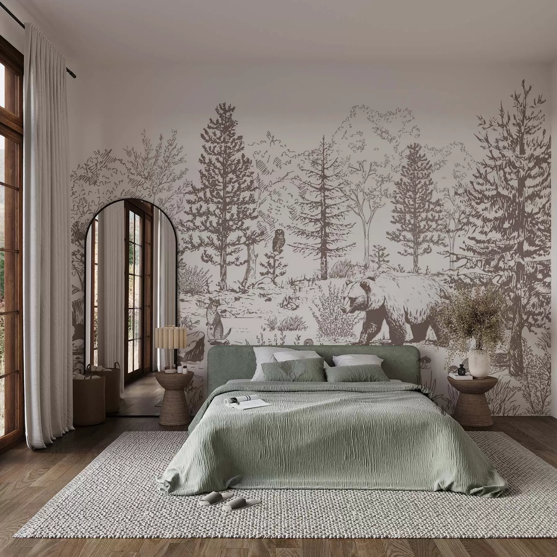 zidne murale Šumski život, drveće, divlje životinje, medvjed, lisica, sova, grmlje, crtež olovkom, bež boje w02929