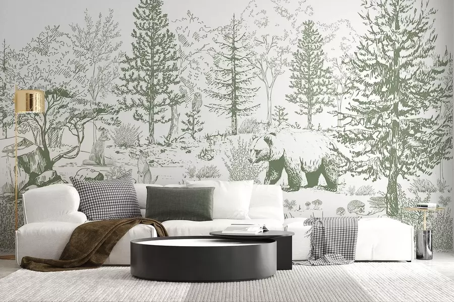 zidne murale Šumski život, drveće, divlje životinje, medvjed, lisica, sova, grmlje, crtež olovkom, zelene boje w02929v2