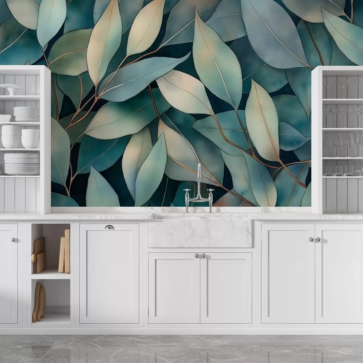 zidne murale Lišće eukaliptusa, crtež u stilu akvarela, cvjetni uzorak, zelene boje w02931