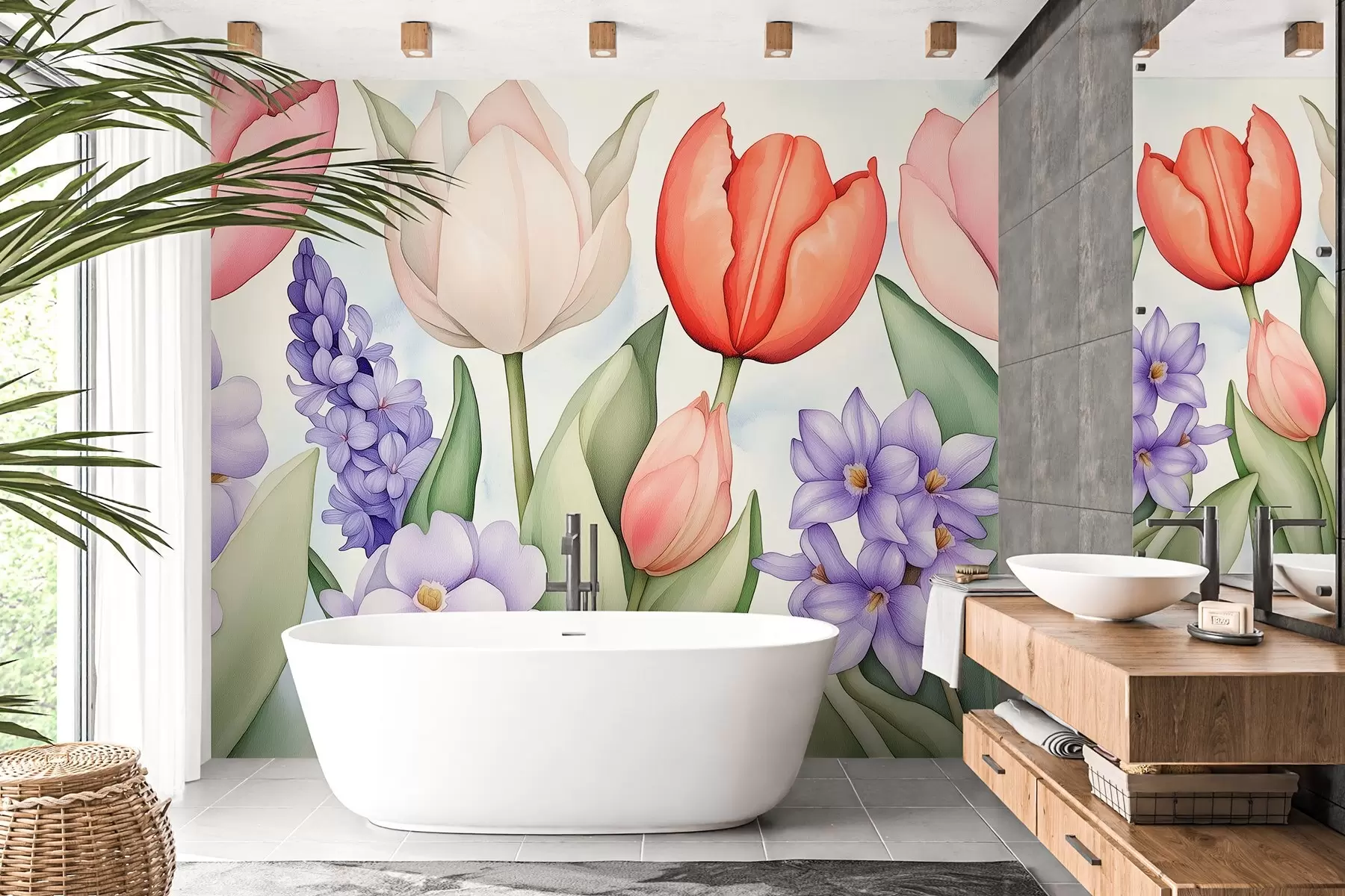 zidne murale Proljetno cvijeće, tulipani, zumbul, crtež u stilu akvarela, cvijeće w02940