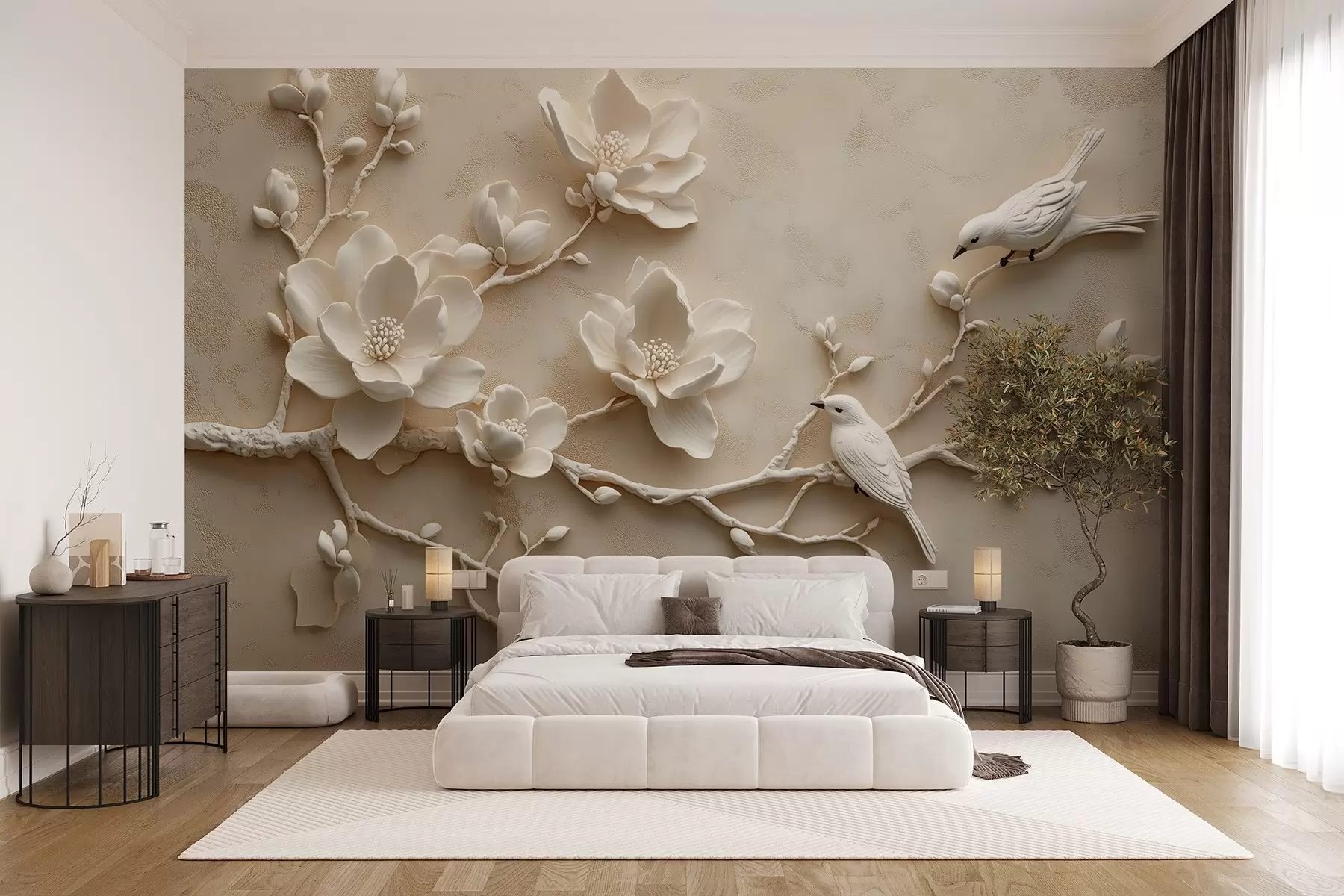 zidne murale 3D grane magnolije s pticama na njima w08690