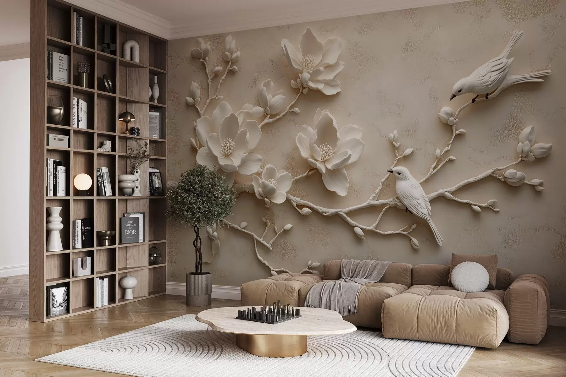zidne murale 3D grane magnolije s pticama na njima w08690