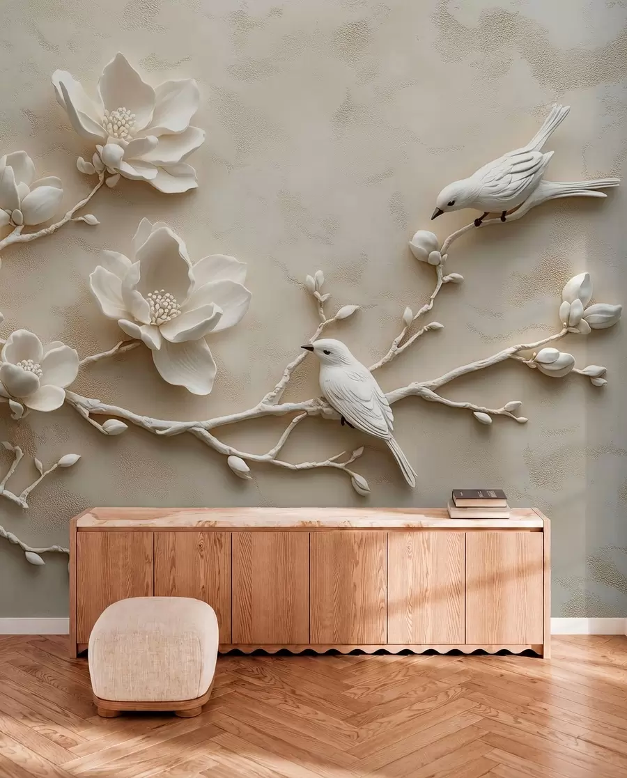 zidne murale 3D grane magnolije s pticama na njima w08690