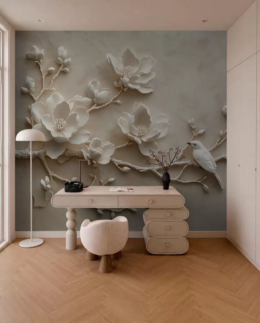 zidne murale 3D grane magnolije s pticama na njima w08690