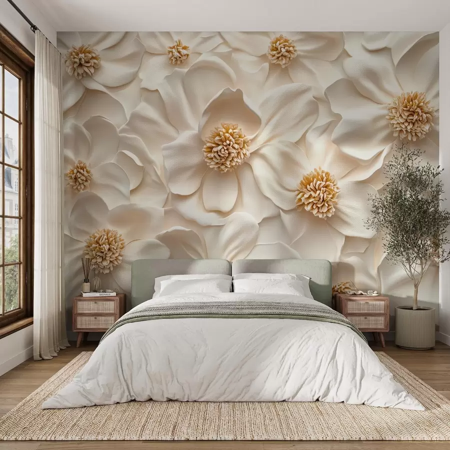 zidne murale 3D bež cvjetna kompozicija sa žutim detaljima w08691