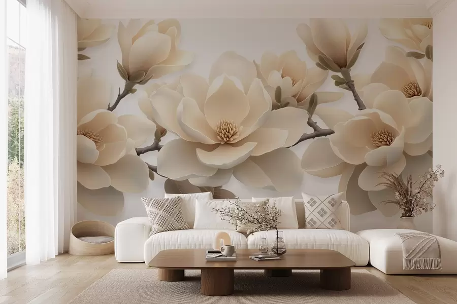 zidne murale Cvjetovi bež magnolije u kremastom tonu na bijeloj pozadini w08692
