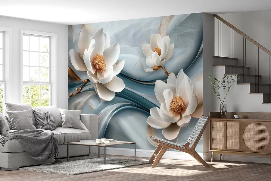 zidne murale Cvjetovi magnolije u kombinaciji s plavim, bijelim i žutim tonovima s apstraktnim valovima w08695