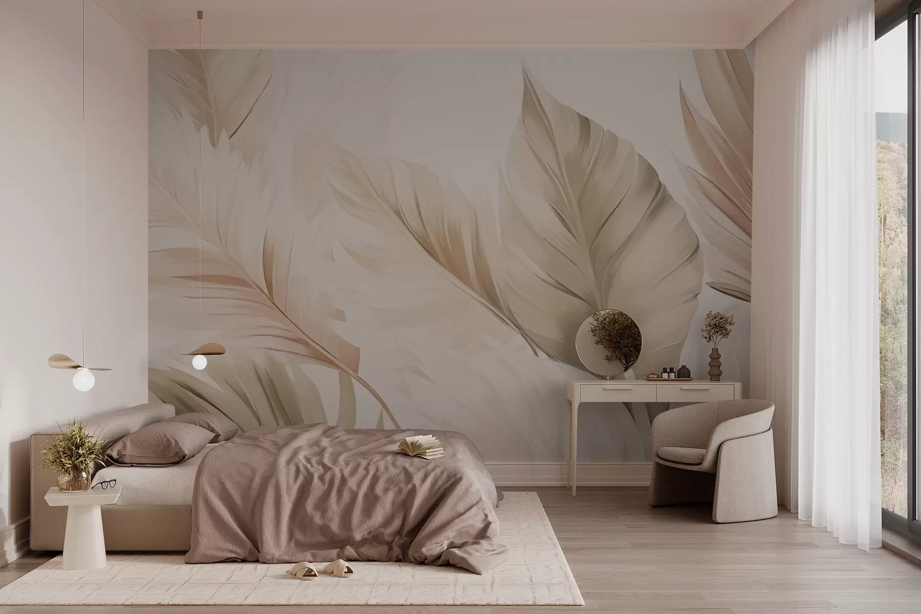 zidne murale Elegantan uzorak svijetlog lišća w02901