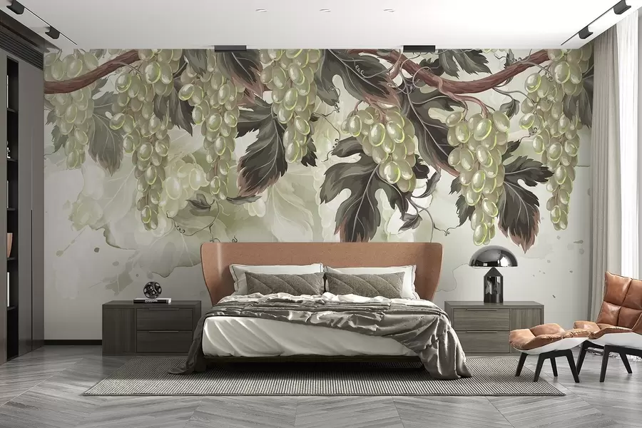 zidne murale Grožđe koje visi s vinove loze sa zelenim lišćem, na pozadini svijetle boje s teksturama nalik akvarelu w08696