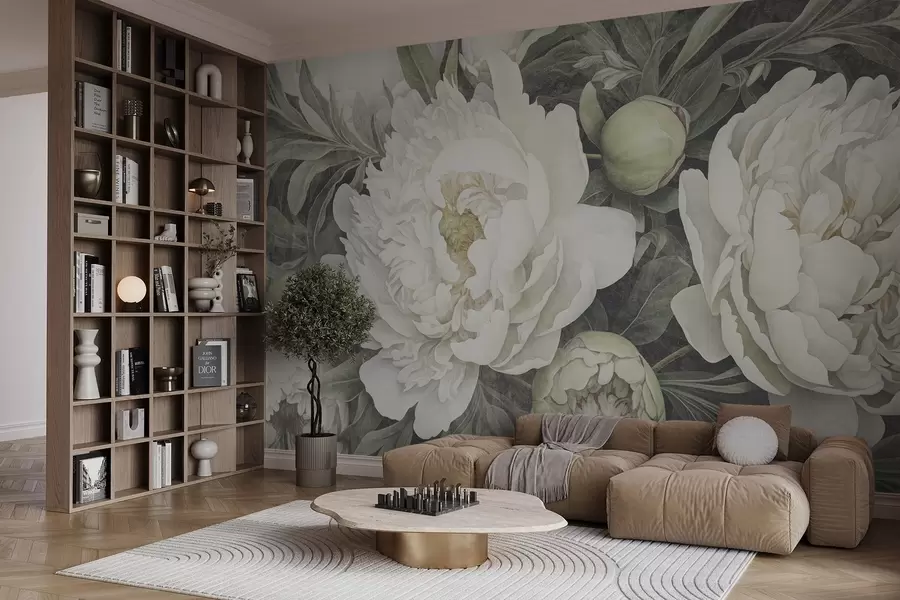 zidne murale Teksturirani pastelno bijeli božuri s mekim zelenim pupoljcima i lišćem s nježnim laticama w08697